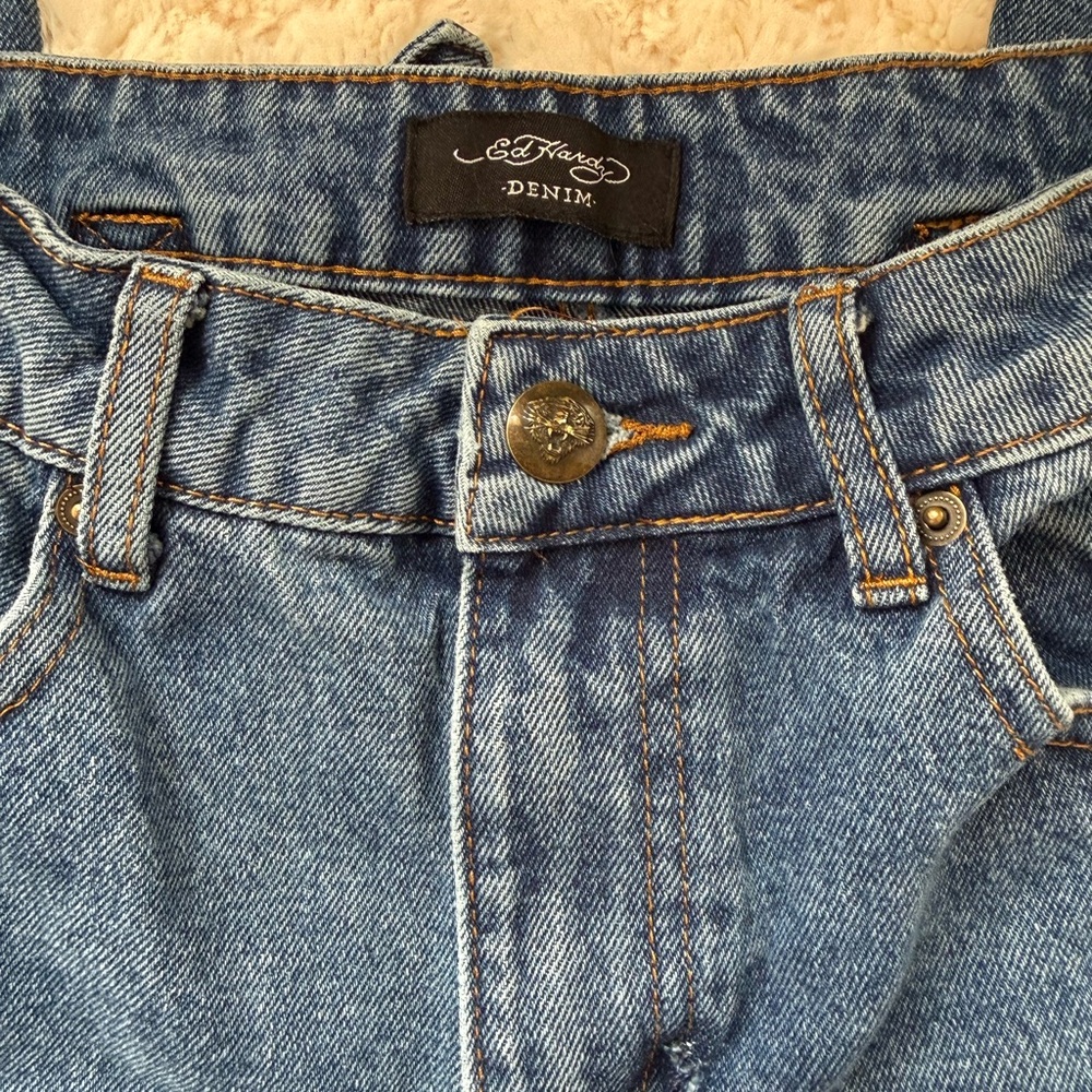 Ed Hardy Blue Wide Extra Baggy Jeans with Graphic Designs. - Picture 4 of 4